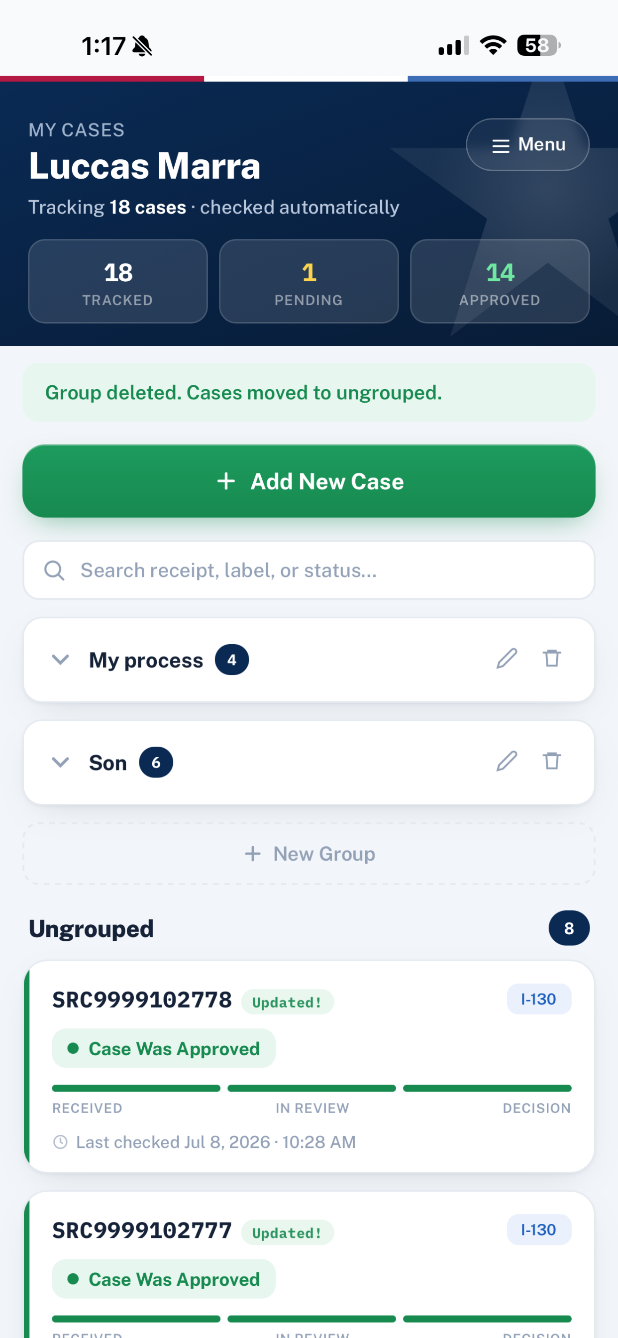 USCIS Status Tracker - Case tracking dashboard
